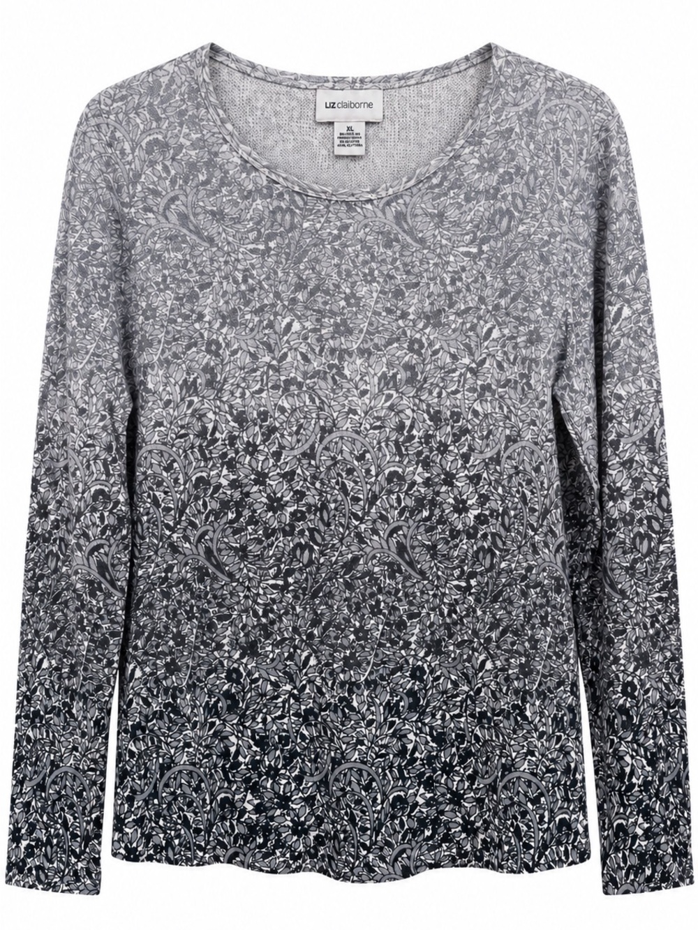 Vintage Liz Claiborne Gray and Black Floral Ombre Long Sleeve Top